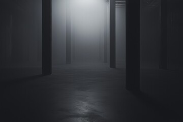 A dark black and white space with an empty floor, foggy in a cinematic and minimalist style
