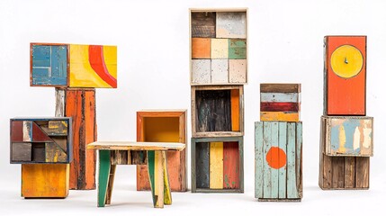 Repurposed furniture highlights artistic ingenuity and eco-friendliness through inventive designs crafted from reimagined materials against a minimalist white backdrop.