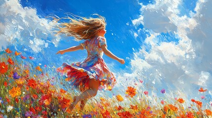 Girl dancing joyfully in a colorful flower field under a bright blue sky.