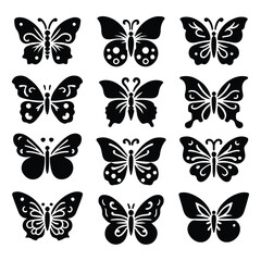 create a sillhouette butterfly victor set icon on white background