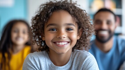 Happy child smiling, with family in the background, indoor setting with warm colors.