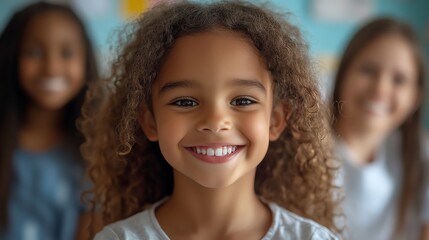 Fototapeta premium Happy girl with curly hair smiling, blurred background of children.