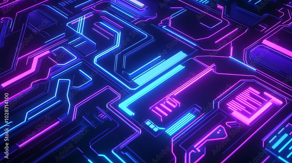 Poster abstract neon glowing circuit board pattern.