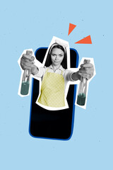 Composite collage picture image of young female cleaning house hold detergent housewife freak...