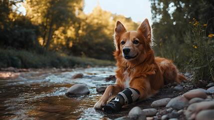 Dog with Prosthetic Limb by Stream