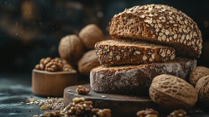 Rustic multigrain bread with seeds, isolated on a dark background with decorative walnuts and raisins