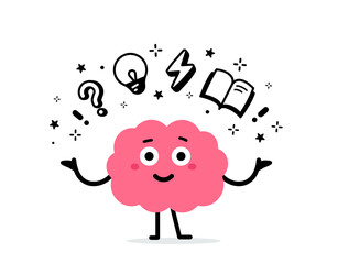 Vector cartoon illustration of cute happy character kid brain with book and light bulb on white color background. Flat doodle design style of smile brain think of creative idea