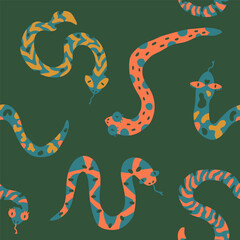 Obraz premium Diverse snakes seamless pattern. Vector illustration of symbol 2025. Year of the snake, animal zodiac. Zoo, wildlife, childish funny style. Reptiles background. Chinese new year. Design print, textile