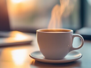 Obraz premium Close-up of a white coffee mug on a desk. The hot coffee in the mug is steaming.