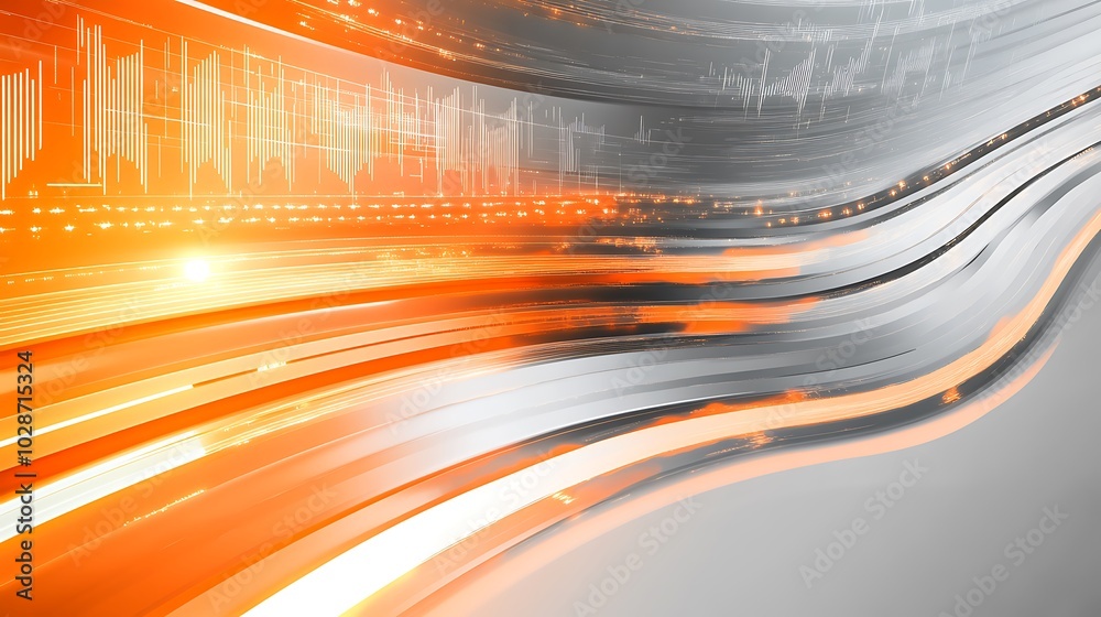 Poster Abstract orange and gray curved lines with white data and a bright light in the background.