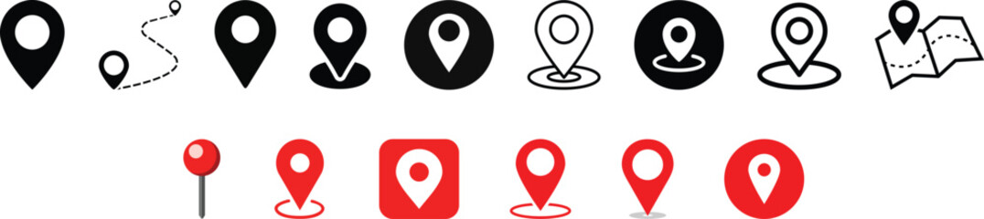 Vector illustrations of location or map pin icons, ideal for marking destinations, places, or waypoints on maps. Perfect for navigation, GPS, and travel-related designs.

