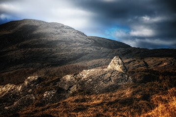 A rugged hillside with a large, gray rock near the center. The rock is covered in moss, with the top of the rock slightly pointed.