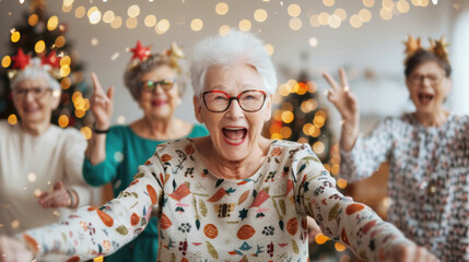 Caucasian cheerful elderly senior friend happy and cheerful on Christmas holiday. friendship smile and happy funny with celebration new year party