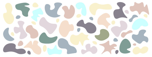Set of liquid organic shapes, irregular shapes in bright colors, asymmetrical drops. Random deformed abstract figures.