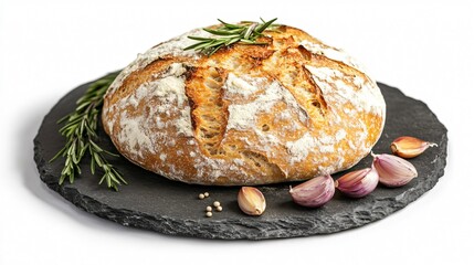 Whole rustic bread with flour on top, isolated on a slate board with decorative roasted garlic and rosemary sprigs