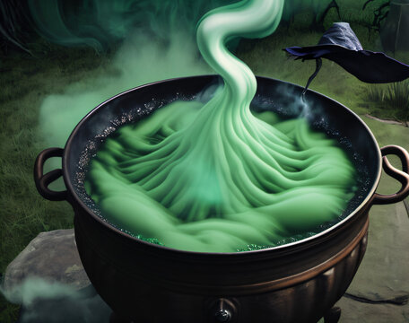  a large pot with a liquid inside of it on a table next to a black bird and a green background