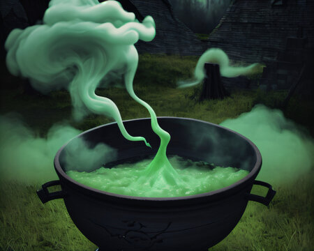  a pot of green liquid with a spooky tail coming out of it's top and a spooky tail coming out of it's tail