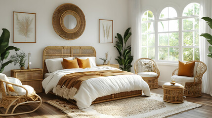 Cozy, stylish bedroom featuring natural materials and plants.