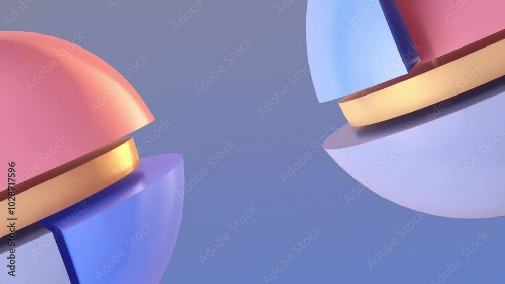 Poster Three-dimensional abstraction in the form of moving spheres composed of segments with light pink and blue layers. 3d rendering digital animation 4K