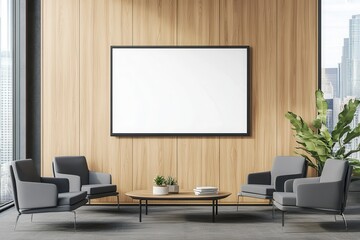 A sleek office lounge with chairs, a table, plants, and a blank framed canvas on a wooden wall.