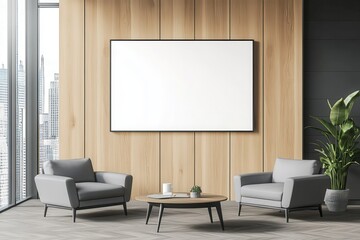 A minimalist lounge with two gray chairs, a round table, and a blank frame. Bright, with a city view and wooden accents.