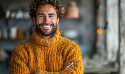 Fototapeta premium Confident Handsome Man with Curly Hair Smiling Brightly in Mustard Sweater Standing with Folded Arms in Cozy Interior Background