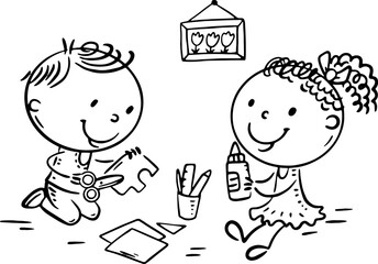 Black and white illustration of cartoon two kindergarten children crafting together. Preschooler kids doing common activity, communication and cooperation outline clipart, coloring page
