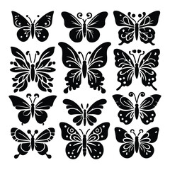 create a shilhoutte butterfly victor set icon on white background