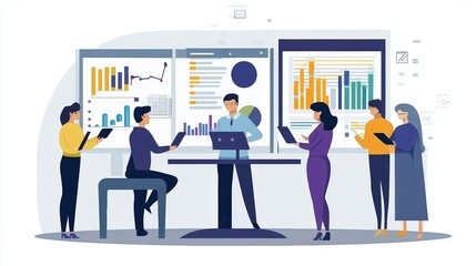 Vector illustration of office people: Digital marketing flat design concept, usiness analysis, content strategy and management