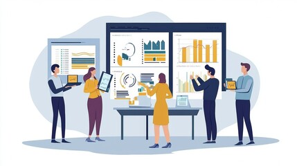 Fototapeta premium Vector illustration of office people: Exploring digital marketing strategies with sleek flat design