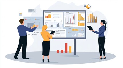 Vector illustration of office people: Managing digital campaigns and analyzing key market trends