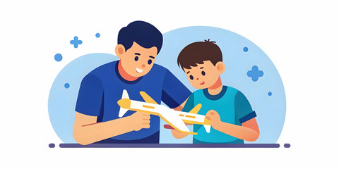 Father and Son Assembling a Model Airplane Together with Glossy Background and Ample Copy Space for Promoting Family Bonding Moments in Photo Stock Concept