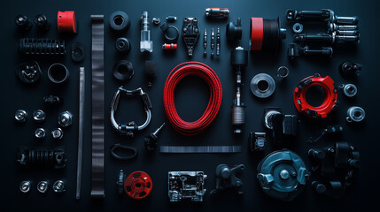 Fototapeta premium Assorted car components, including belts, spark plugs, and engine parts, arranged in a clean and organized manner on a dark background, conveying the intricacies of automotive engi