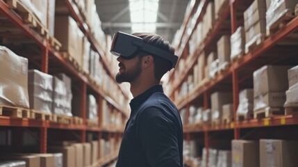 A logistics expert using real-time warehouse visualization through AR, modern tech environment, seamless package tracking