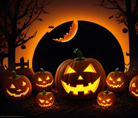  a group of carved pumpkins sitting in front of a full moon with bats and bats on the ground