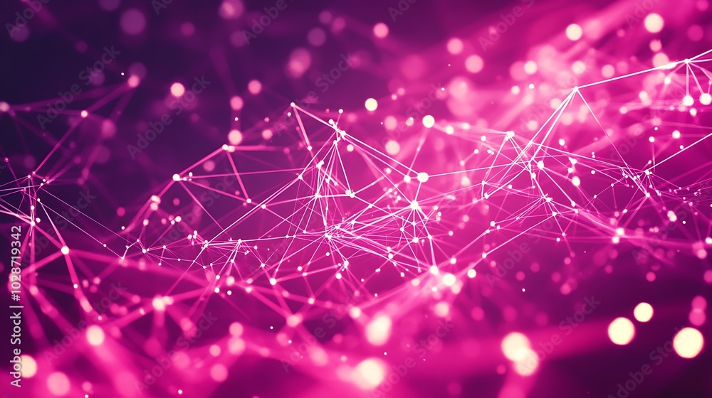 Poster abstract pink and white connected lines and dots, forming a digital network.