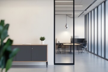 Fototapeta premium A modern minimalist office with clean lines, neutral colors, and open workspace.