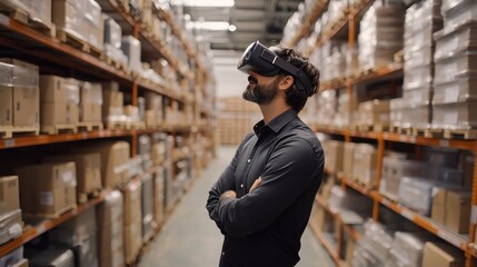 A supply chain expert using AR to automate package picking, immersive data visualization, high-tech warehouse setting