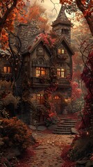 Fototapeta premium Enchanted Stone House in Autumn Forest