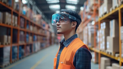 A supply chain professional using AR-based delivery management system, tracking packages with ease, modern logistics solutions