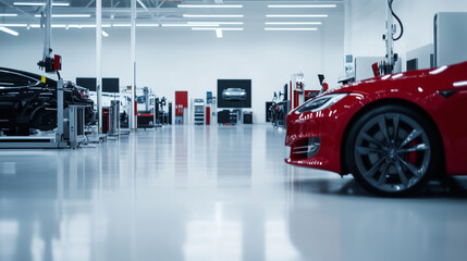 A high-tech repair bay in a brand-new dealership, with spotless floors, precision tools, and advanced diagnostic equipment in a spacious, empty service area.