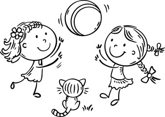 Happy two cartoon girls playing ball. Kids communication and common outdoor activities, cooperation outline clipart