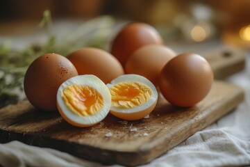 Raw eggs and boiled egg that cut into half on a clean table 