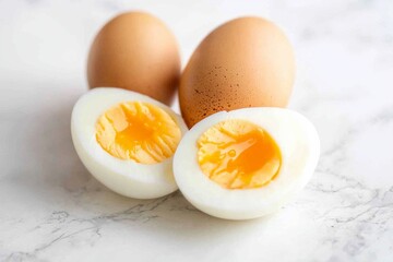 Raw eggs and boiled egg that cut into half on a clean table 