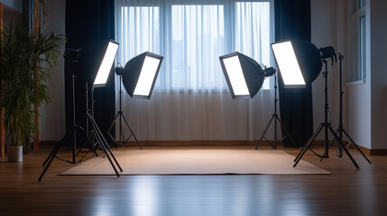 A well-equipped photography studio featuring key lights, backlights, and fill lights strategically placed around a product table, capturing every angle in perfect detail for an adv