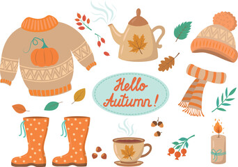 A set of vector autumn elements, a hat, a sweater