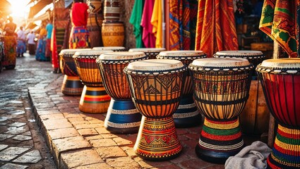  Colorful African Drums at a Sunny Market