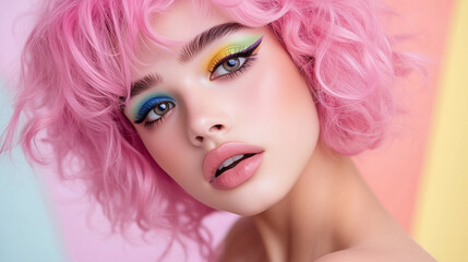 Naklejka premium A close-up of a non-binary person with bold, bright pink hair styled in curls, adorned with rainbow makeup, set against a backdrop of soft pastel colors symbolizing pride and diver