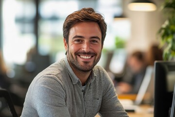 Fototapeta premium Confident professional in office environment smiling at camera, Generative AI