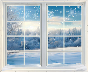 A cozy winter view through a frosted white wooden window, with delicate snowflakes falling outside over a snow-covered landscape.